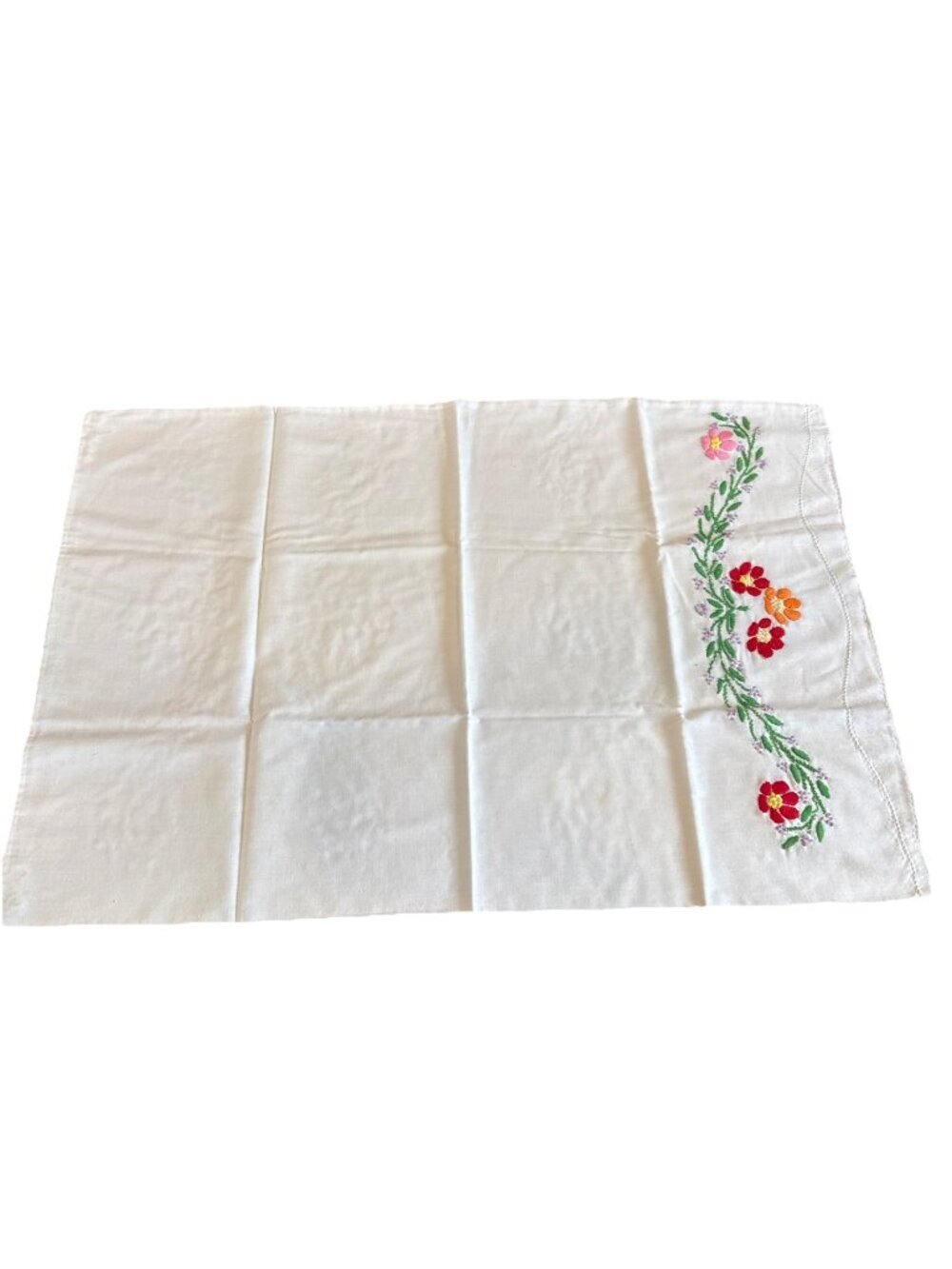 Vintage Hand Embroidered Pillowcase Pastel Floral 21x30 Queen Raw Hem Cottage